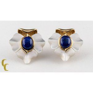 Sterling Silver Gold Plated MOP Leaf Design w Lapis Lazuli Stone Earrings